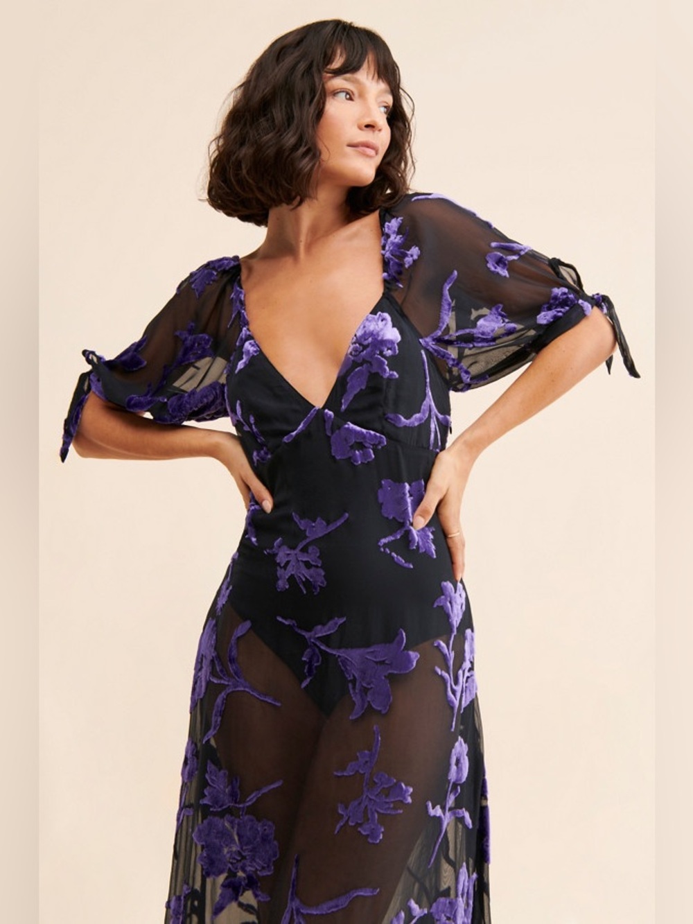 Free People Dahlia Black Purple Floral Burnout Witchy Dress Maxi Gown sz M - Picture 2 of 9
